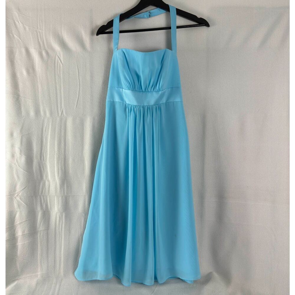 Alfred Angelo Size 8 Empire A Line Sheer Sleeveless Dress Blue Zip Strap Pleated